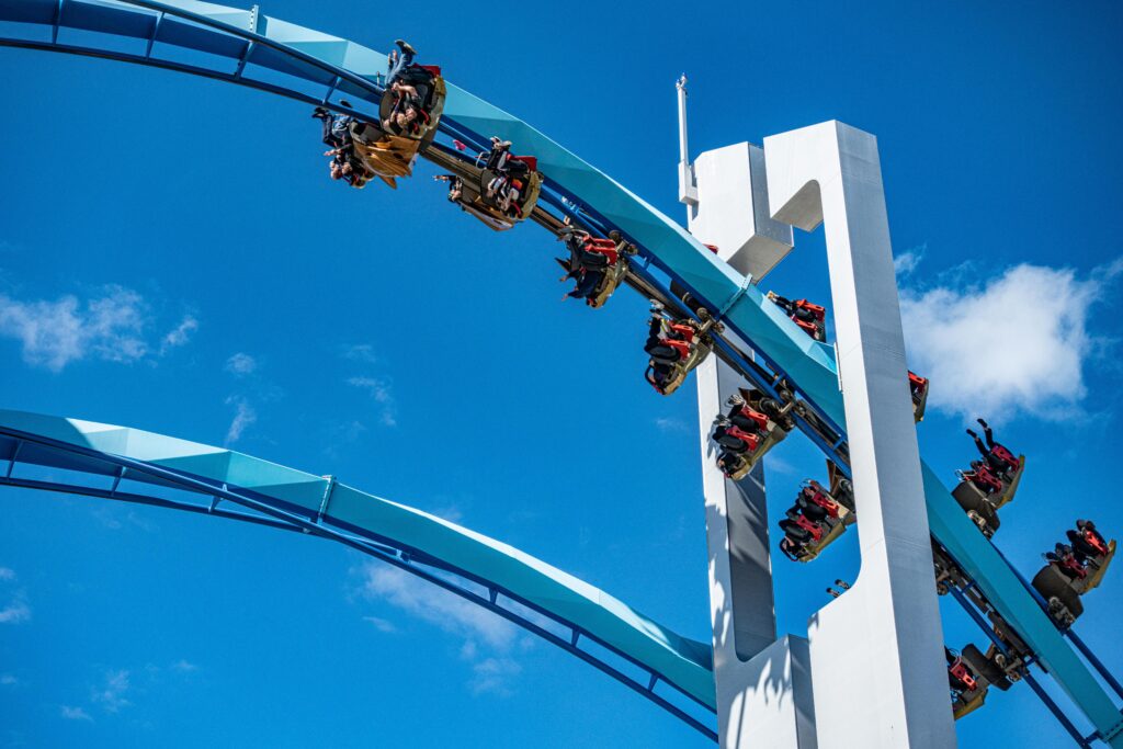 Exciting roller coaster ride captured at a theme park under clear blue skies in Sandusky, Ohio.